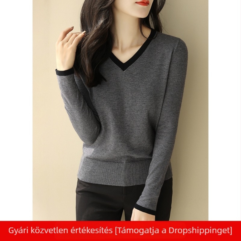 Női V-nyakú színblokkolt kötött felső, karcsúsított fazon, hosszú ujjú pulóver