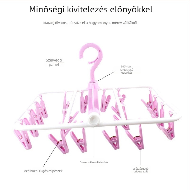 Összecsukható, forgó szárítókarnis 20 csipesszel zoknikhoz, fehérneműkhöz és babaruhákhoz