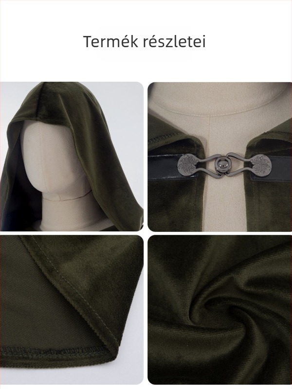 Középkori kapucnis velúr köpeny cosplayhoz, konvenciókhoz és előadásokhoz