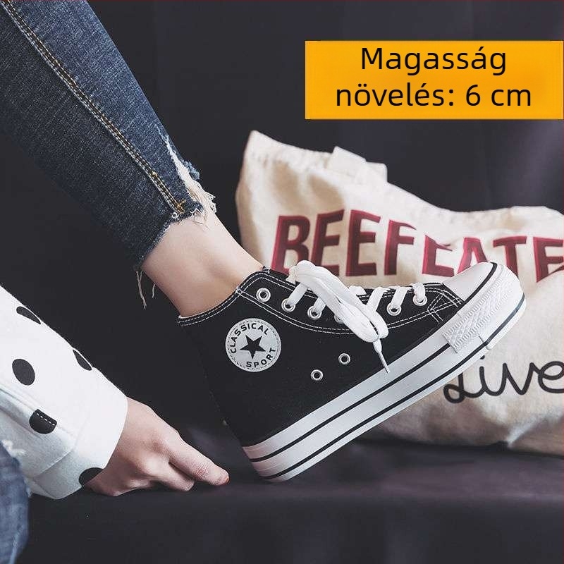 Női vászoncipő vastag talppal, 6 cm belső magasságnöveléssel, koreai stílusú, fehér, sokoldalú