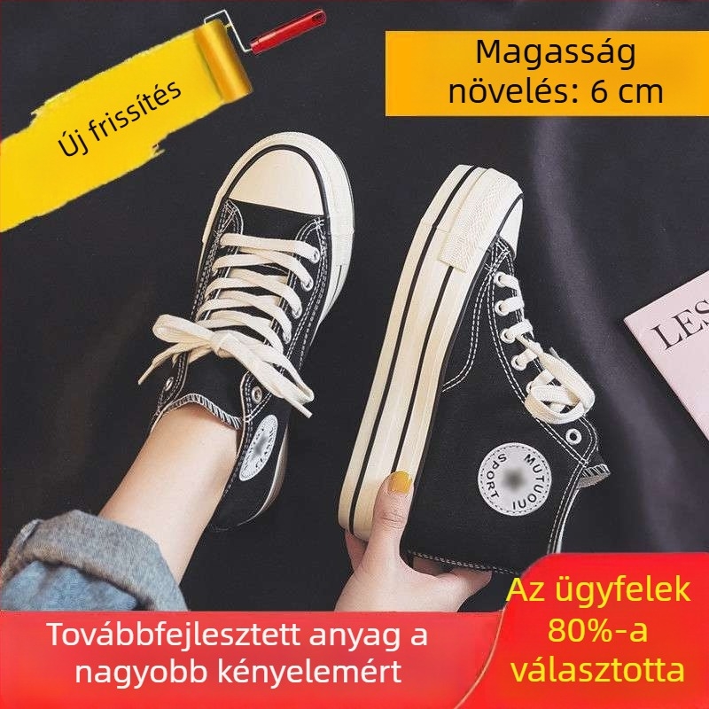 Női vászoncipő vastag talppal, 6 cm belső magasságnöveléssel, koreai stílusú, fehér, sokoldalú