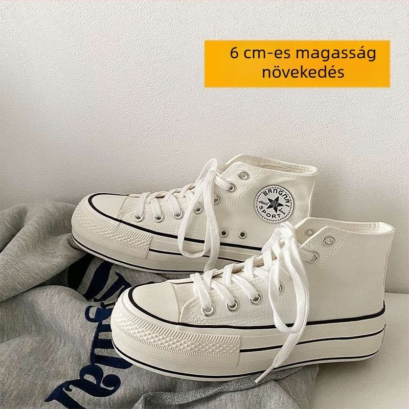 Női vászoncipő vastag talppal, 6 cm belső magasságnöveléssel, koreai stílusú, fehér, sokoldalú