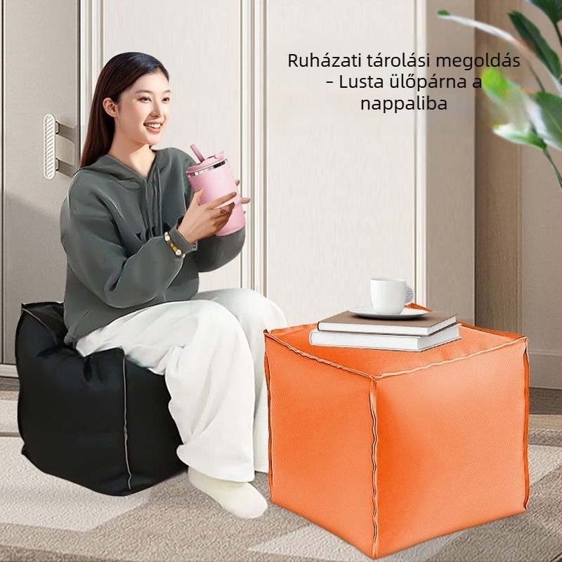 Bőr tároló puff ülőfelülettel, rekesz ruhák számára és hely a cipőcseréhez; ideális a nappaliba.