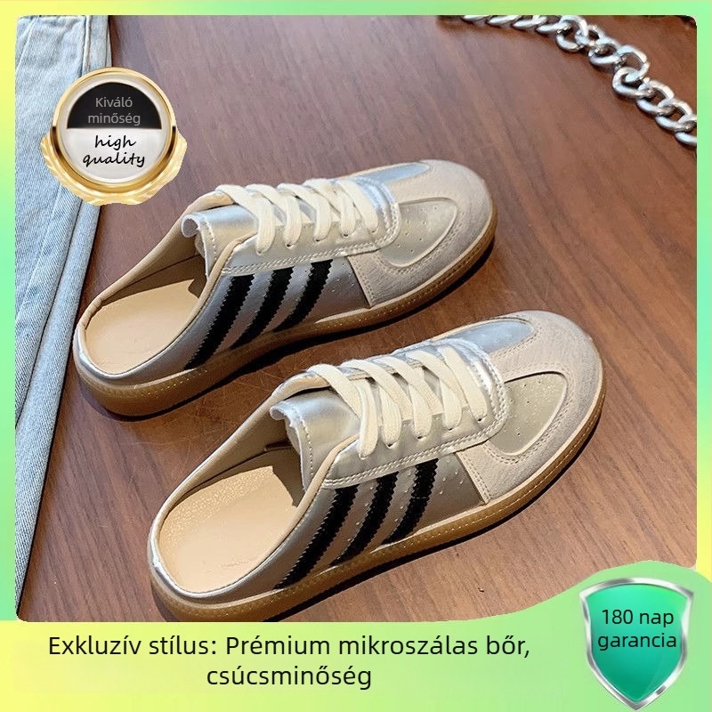 Puha talpú retro slip-on papucs, valódi bőrből készült ujjvédővel, csúszásmentes, női nyári modell, ezüst