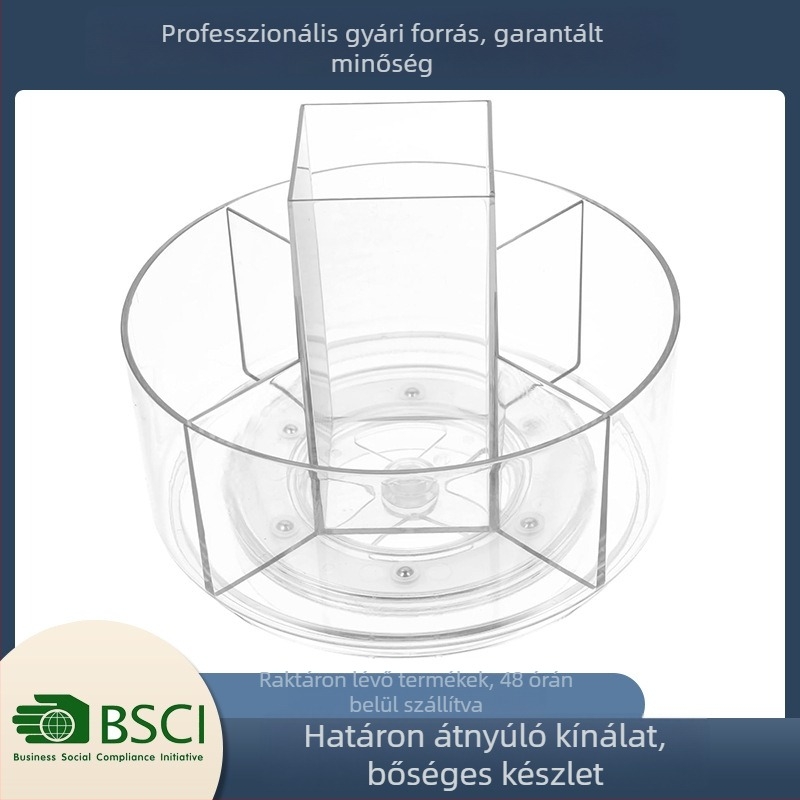 Átlátszó akril kozmetikai tároló 360°-os forgóval, sminkasztal rendező öt rekesszel