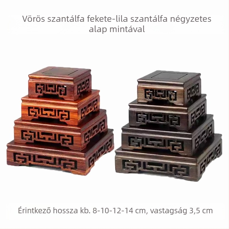 Faragott mahagóni Buddha-szobor négyszögletes alapú és fa tartóval; dekoratív virágtartó dísztárgy kőalappal
