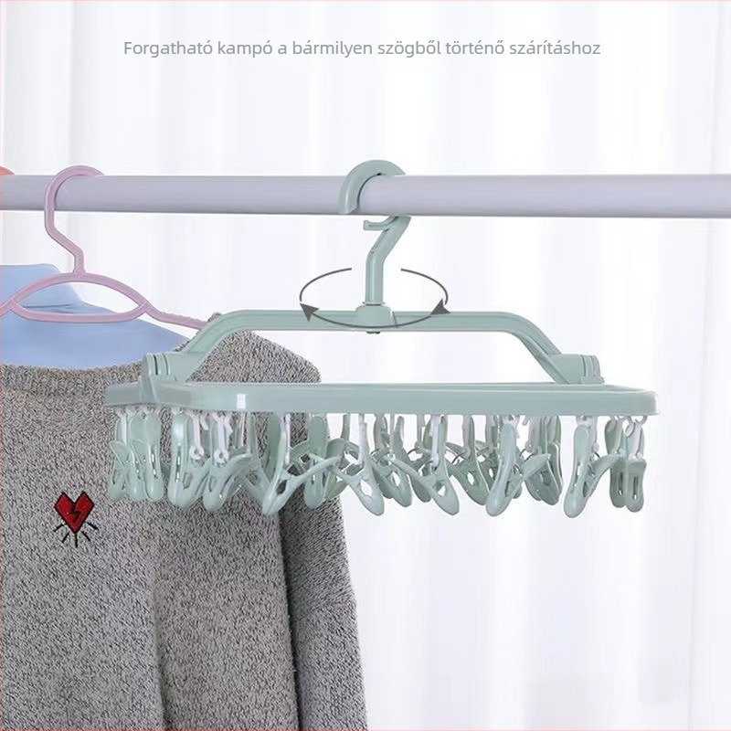 Összecsukható ruhaszárító fogas 32 klippel, négyszögletes fejű, műanyag, többfunkciós a fehérneműk és zoknik szárítására