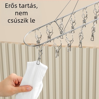Rozsdamentes acél zoknitartó állvány, többfejű kialakítás, dupla rétegű szárító klipszekkel