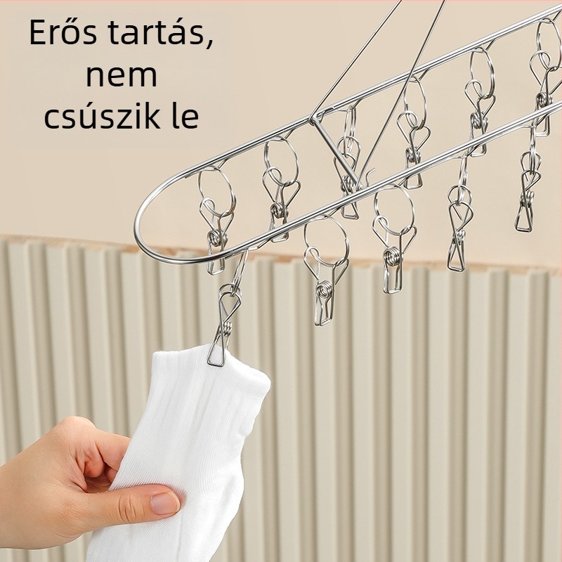 Rozsdamentes acél zoknitartó állvány, többfejű kialakítás, dupla rétegű szárító klipszekkel