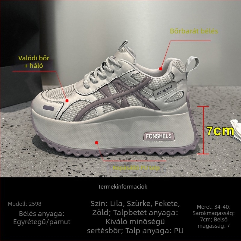 7 cm vastag talpú női sneaker, bőr felsőrész, légáteresztő, magasság növelő, mindennapi stílus