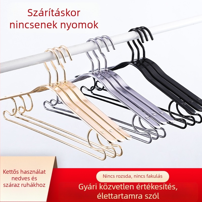 Alumíniumötvözetes ruhafogas vastagított nadrágakasztóval, csúszásmentes, varrat nélküli felület, védelem a vállak nyomai ellen