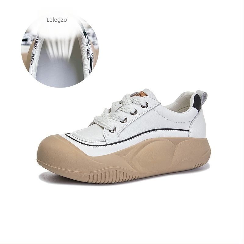 Női fehér valódi bőrből készült sportcipő, 2026 tavaszi új modell, retro chunky dizájn, vastag talp, mindennapi kényelmes viselet