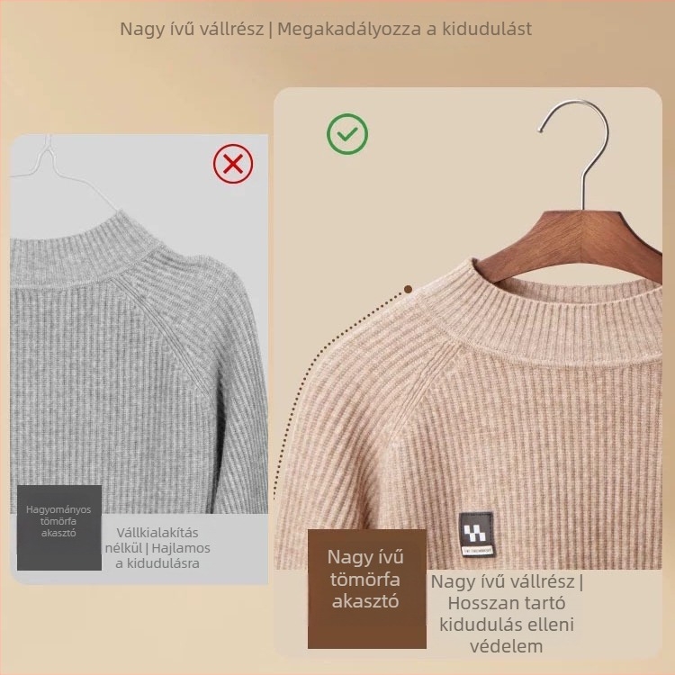Szilárdfa ruhafogók, nyommentesek, vállredő elleni, kabátokhoz, kasmírszövetes pulóverekhez és szőrme ruhákhoz
