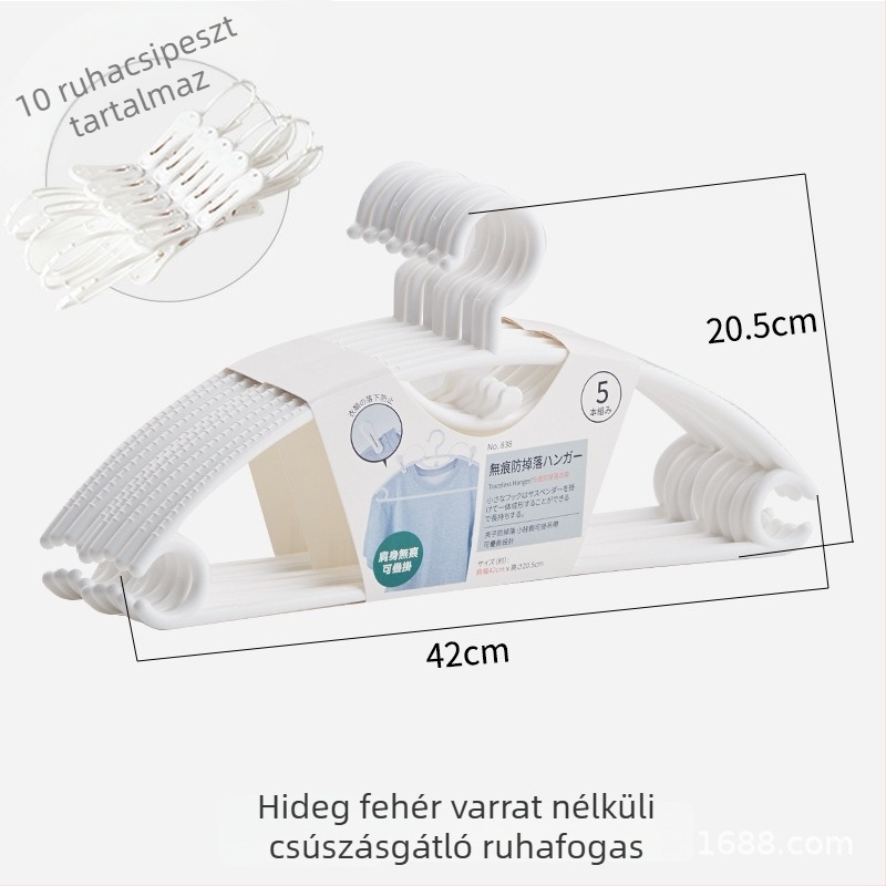 Ívelt, varrat nélküli műanyag ruhaakasztó, vastított kivitel, vállvédelmi kialakítás, szélálló és leesés elleni, többfunkciós