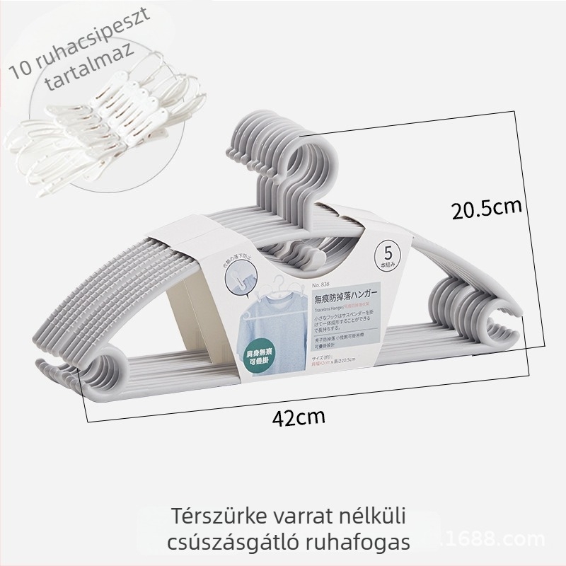 Ívelt, varrat nélküli műanyag ruhaakasztó, vastított kivitel, vállvédelmi kialakítás, szélálló és leesés elleni, többfunkciós