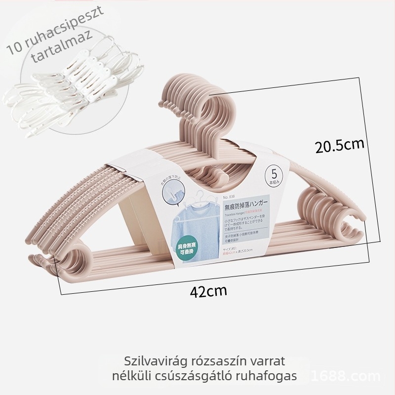 Ívelt, varrat nélküli műanyag ruhaakasztó, vastított kivitel, vállvédelmi kialakítás, szélálló és leesés elleni, többfunkciós