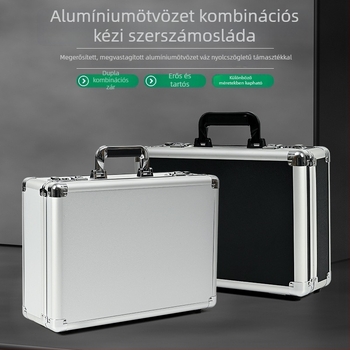 Hordozható alumíniumötvözetes dokumentumtartó doboz kombinált zárakkal, különböző méretek, levehető pamut belsővel