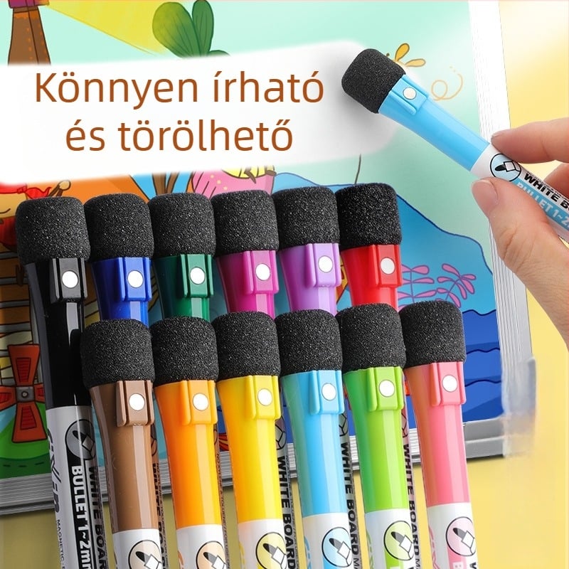 Mágneses, mosható színes fehér táblára való marker tollak - 12 színű készlet hűtőmágnesekkel