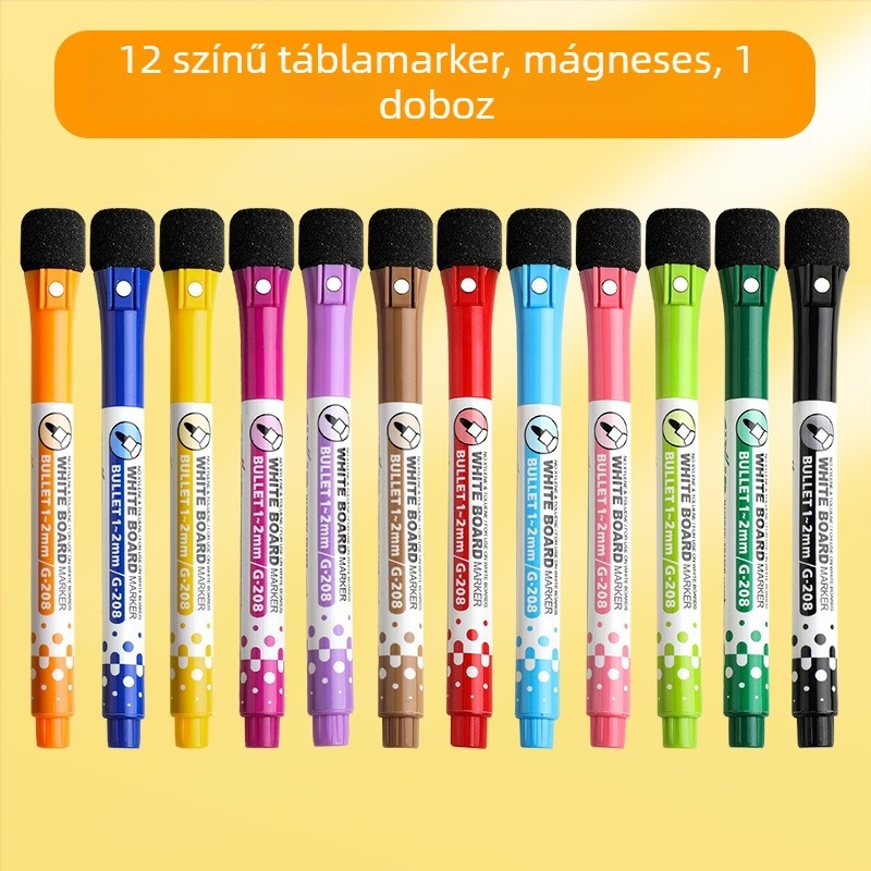 Mágneses, mosható színes fehér táblára való marker tollak - 12 színű készlet hűtőmágnesekkel
