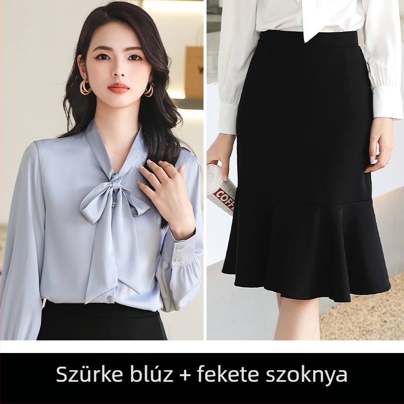 Hosszú ujjú egyszínű ing és fishtail szoknya szett, szürke, tavasz, elegáns, chiffon–poliészter keverék