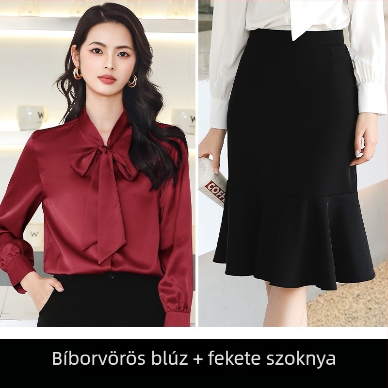Hosszú ujjú egyszínű ing és fishtail szoknya szett, szürke, tavasz, elegáns, chiffon–poliészter keverék