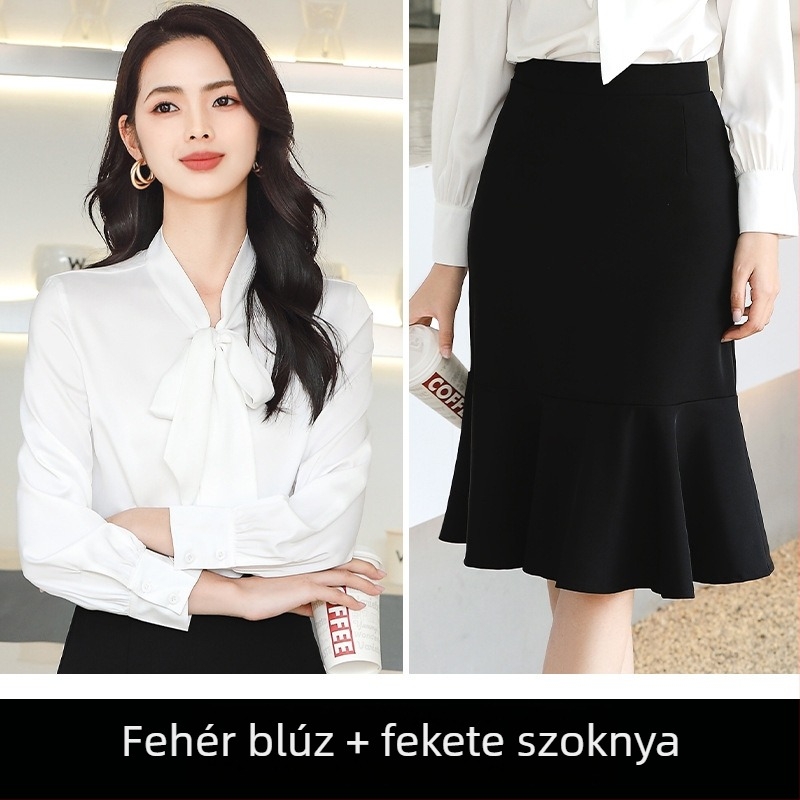 Hosszú ujjú egyszínű ing és fishtail szoknya szett, szürke, tavasz, elegáns, chiffon–poliészter keverék