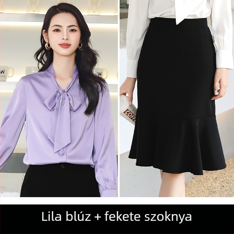Hosszú ujjú egyszínű ing és fishtail szoknya szett, szürke, tavasz, elegáns, chiffon–poliészter keverék