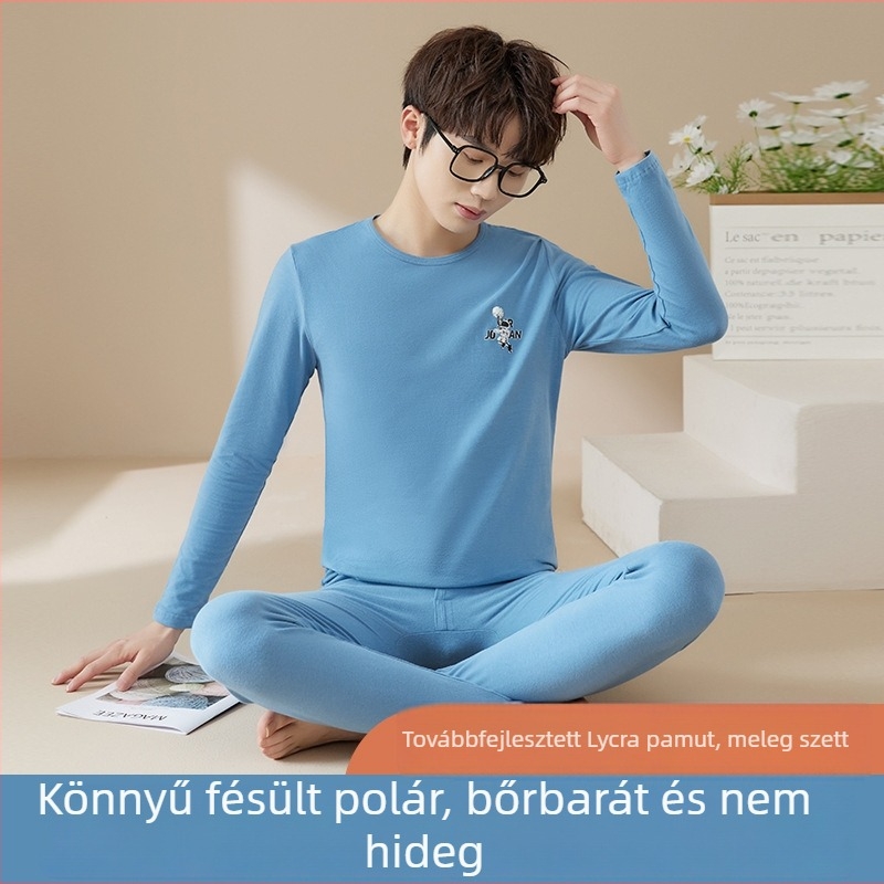 Férfiak és tinédzserek számára 100%-os pamutból készült termikus alsónemű készlet Lycra bevonattal, hosszú ujjú felső és nadrág, téli viselet.