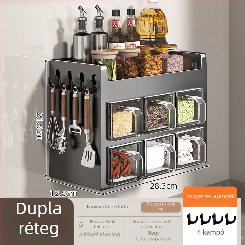Hétszintes falra szerelhető fűszertartó polc üvegekkel, fúrás nélkül