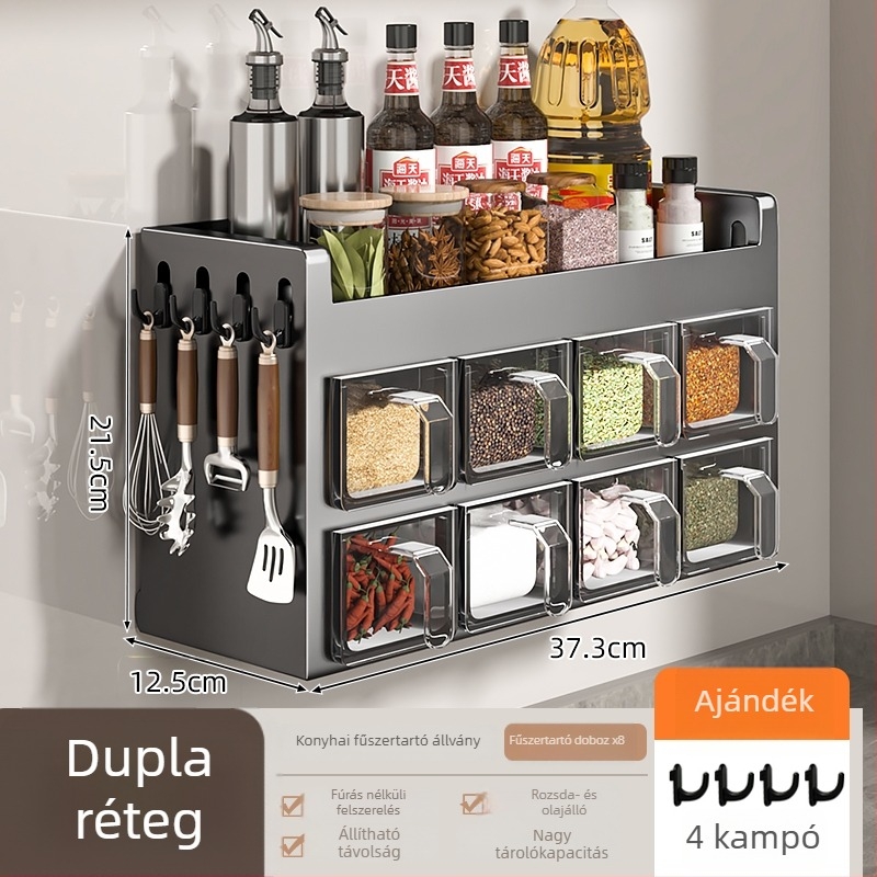 Hétszintes falra szerelhető fűszertartó polc üvegekkel, fúrás nélkül