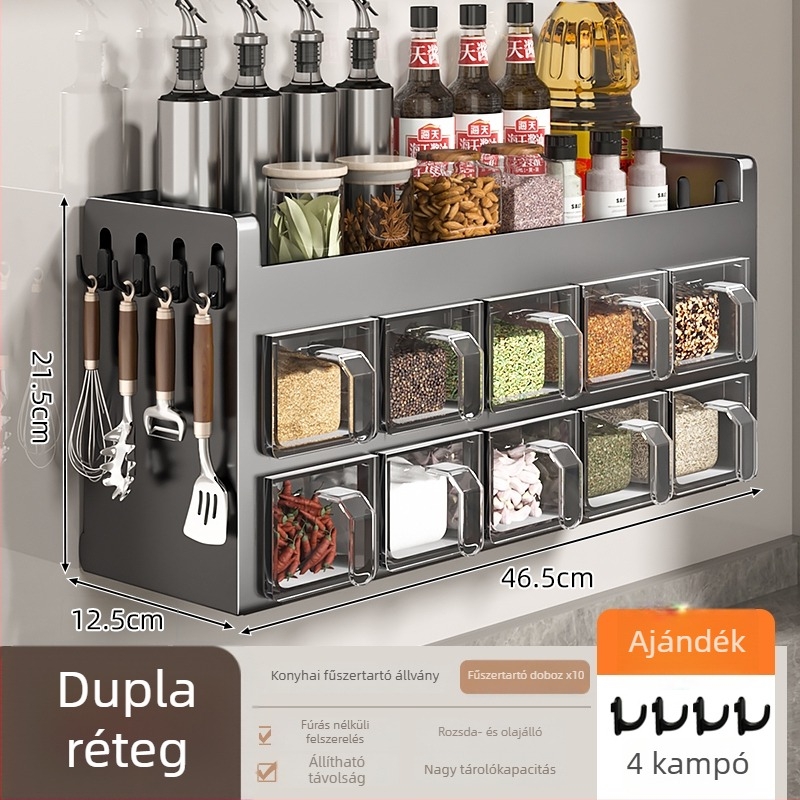 Hétszintes falra szerelhető fűszertartó polc üvegekkel, fúrás nélkül