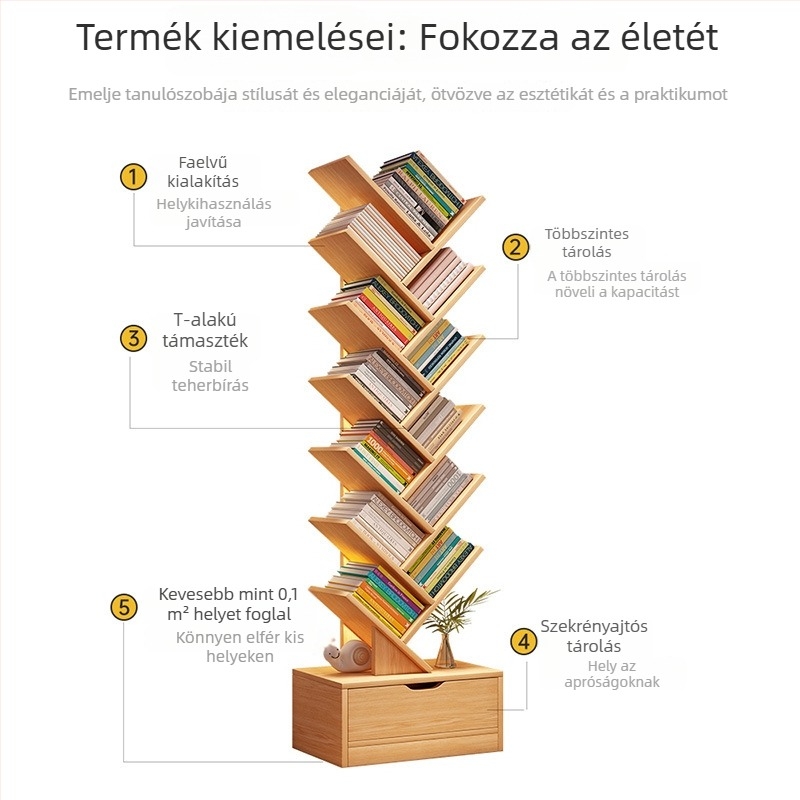 Fát formázó kis álló könyvespolc, padlóra álló, több rétegű tároló otthonba, nappaliba vagy hálószobába