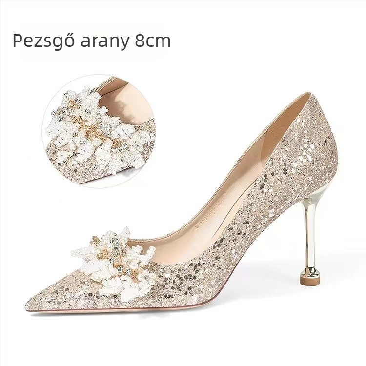 JF női esküvői cipő – bordó csillogó vamp, hegyes orrú, 6–8 cm magas sarok, két viselési mód, hercegnő stílus