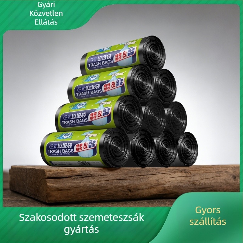 Háztartási hulladékzsákok, perforáltak, fekete, vastagítottak, mellény-stílusú, sík szájú, sík fenekű, tekercses csomagolás