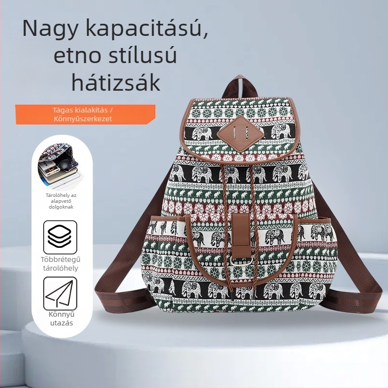 Etno-stílusú vászon hátizsák flip-top mágneses csattal, tartós, nagy kapacitású, több zsebbel