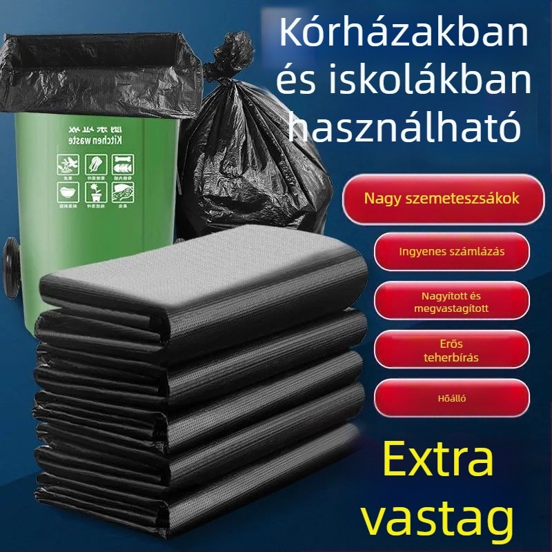 Extra vastag fekete szemeteszsákok, nagy méretűek ingatlanüzemeltetéshez, szállodákhoz és kereskedelmi felhasználásra, tisztasági és konyhai célokra, lapos nyílású