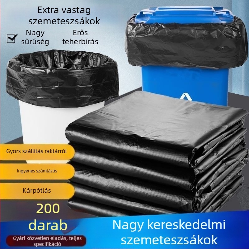 Extra vastag fekete szemeteszsákok, nagy méretűek ingatlanüzemeltetéshez, szállodákhoz és kereskedelmi felhasználásra, tisztasági és konyhai célokra, lapos nyílású