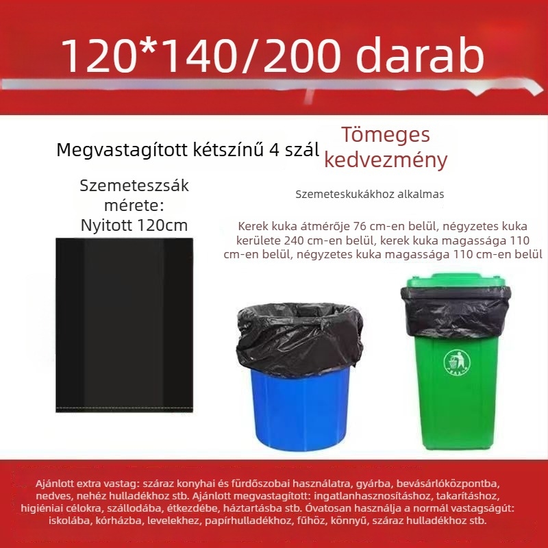 Extra vastag fekete szemeteszsákok, nagy méretűek ingatlanüzemeltetéshez, szállodákhoz és kereskedelmi felhasználásra, tisztasági és konyhai célokra, lapos nyílású