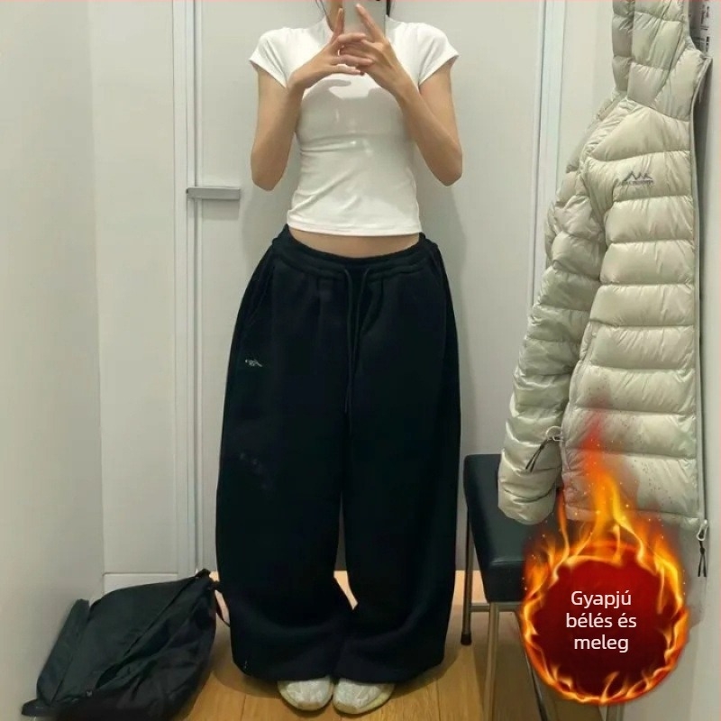 Trendi retro lazító stílusú, széles szabású sportnadrág fleece-béléssel, őszi–téli, padlószintig érő hosszú