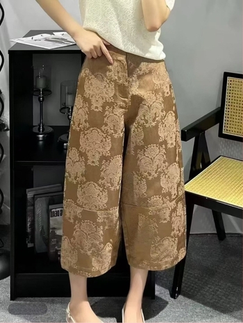 Női magas derekú lazán szabott nadrág relif jacquard mintával, 3/4 hossz, haremszerű széles nadrág panelos részletekkel