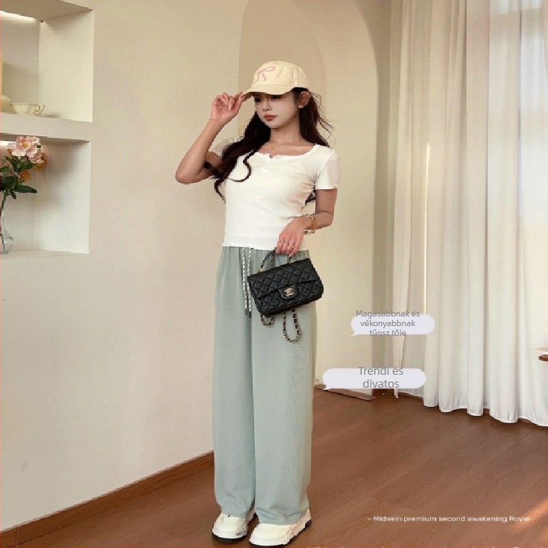Női magas derekú húzózsinóros, egyenes szabású nadrág, lélegző, minimalistikus és elegáns