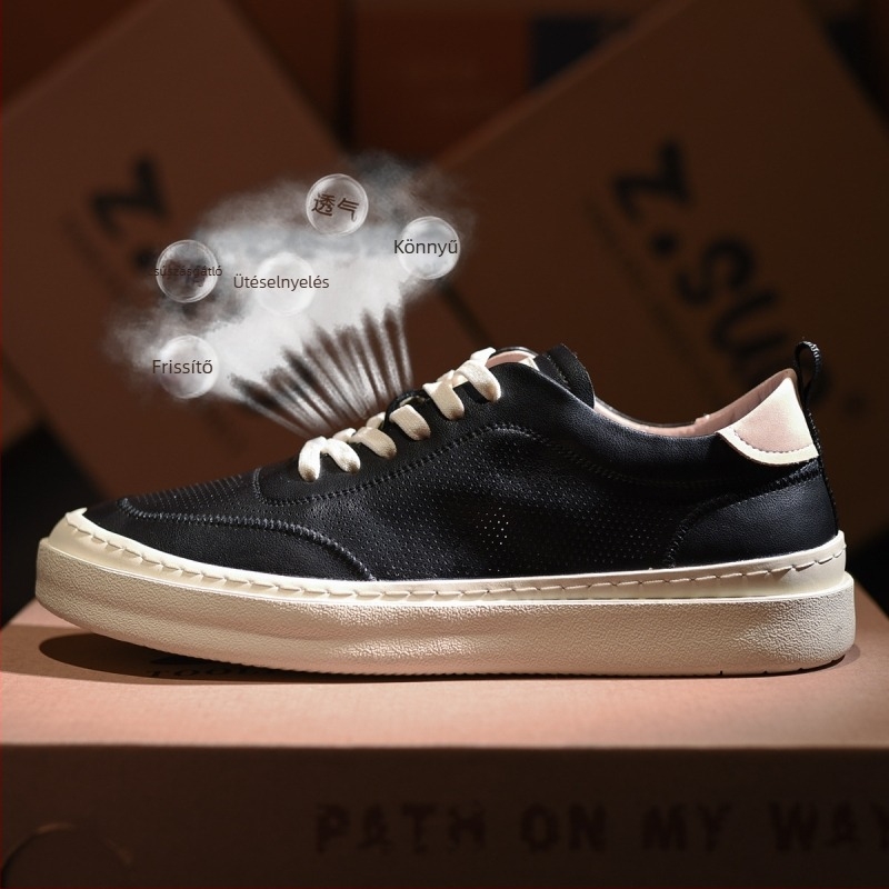 Férfi őszi sneakers - Fekete légáteresztő bőrcipő mindennapi viseletre, puha talppal