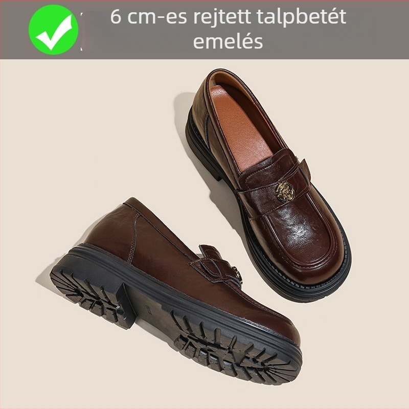 Camellia vastag talpú slip-on loafers nőknek, tavasz 2025, rejtett magasság-növelés, retro brit stílus, kicsi méret, műbőr