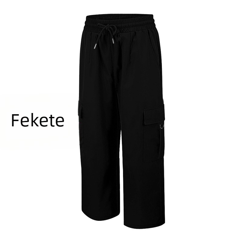 Női nyári cargo nadrág, magas derék, laza szabás, gyorsan száradó ice-silk anyag, munkaruházati stílus, kapri hosszúság