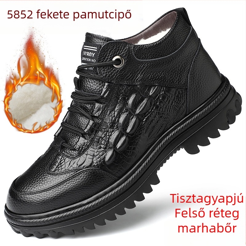 Férfi téli cipő első réteg szarvasmarha bőrből, gyapjú bélés, magas szárú, vastag, meleg, krokodil mintás, elöl kötős