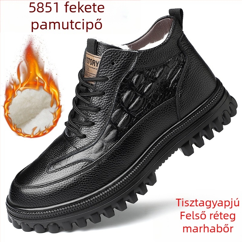 Férfi téli cipő első réteg szarvasmarha bőrből, gyapjú bélés, magas szárú, vastag, meleg, krokodil mintás, elöl kötős