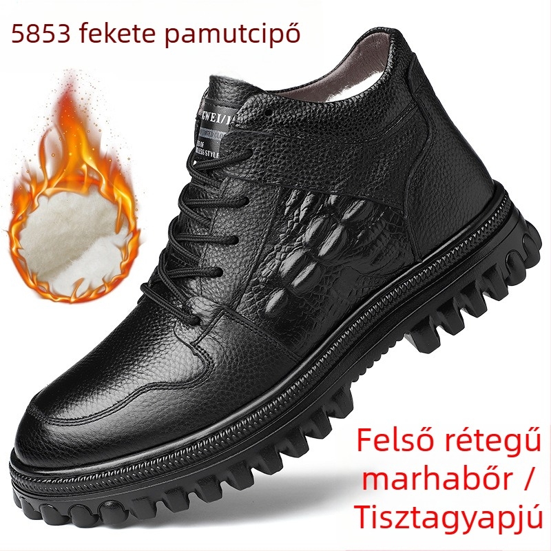 Férfi téli cipő első réteg szarvasmarha bőrből, gyapjú bélés, magas szárú, vastag, meleg, krokodil mintás, elöl kötős