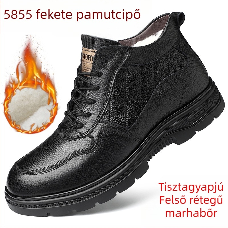 Férfi téli cipő első réteg szarvasmarha bőrből, gyapjú bélés, magas szárú, vastag, meleg, krokodil mintás, elöl kötős