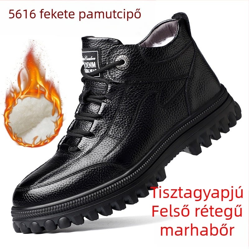 Férfi téli cipő első réteg szarvasmarha bőrből, gyapjú bélés, magas szárú, vastag, meleg, krokodil mintás, elöl kötős