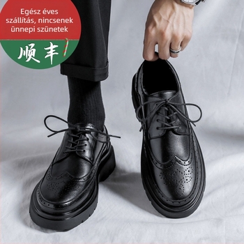 Férfi bőr dresz cipő nyárra vastag talppal a magasság növeléséhez, brit stílusú brogue, fekete, elegáns esküvői cipő